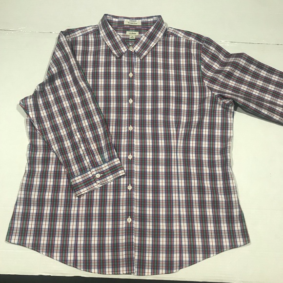 L.L. Bean Tops - L.L. Bean women’s Plaid Shirt - Purple, Blue, and White wrinkle free, 3/4 sleeve